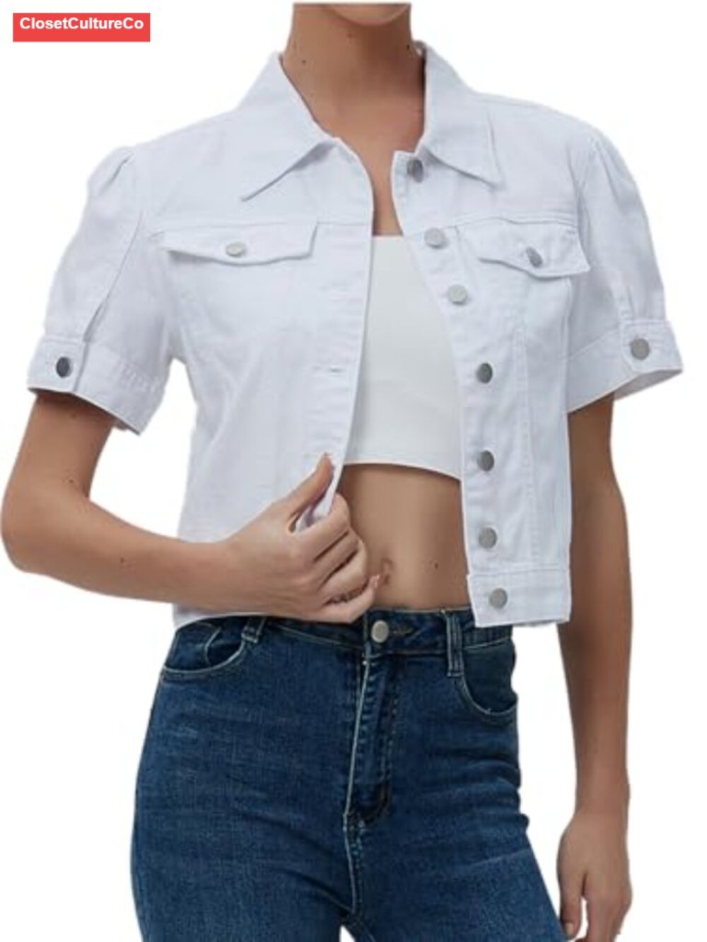 Cropped Denim Jacket Women Short Sleeve Puff Jean Jacket Summer Crop Trucker